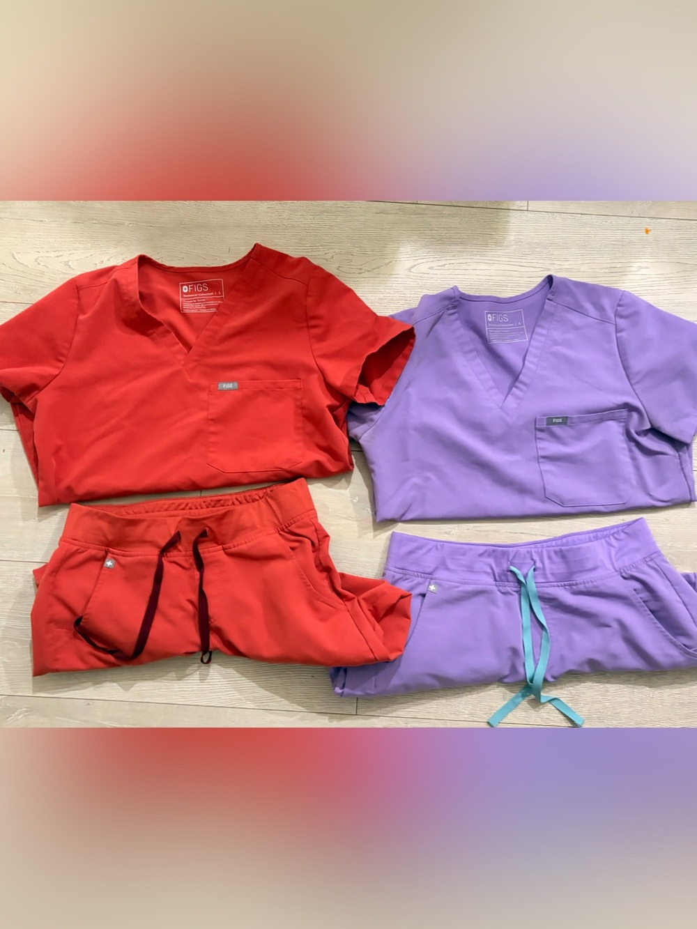Lavender/lilac and coral red FIGS Women's Two-Piece Scrub Sets